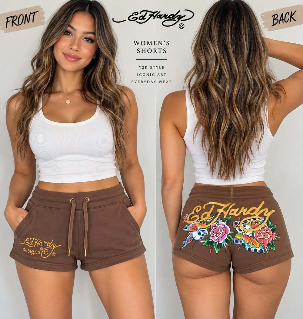 Ed Hardy Women’s M Cocoa Skull Rose Tattoo Graphic Shorts NWT Y2K Size M